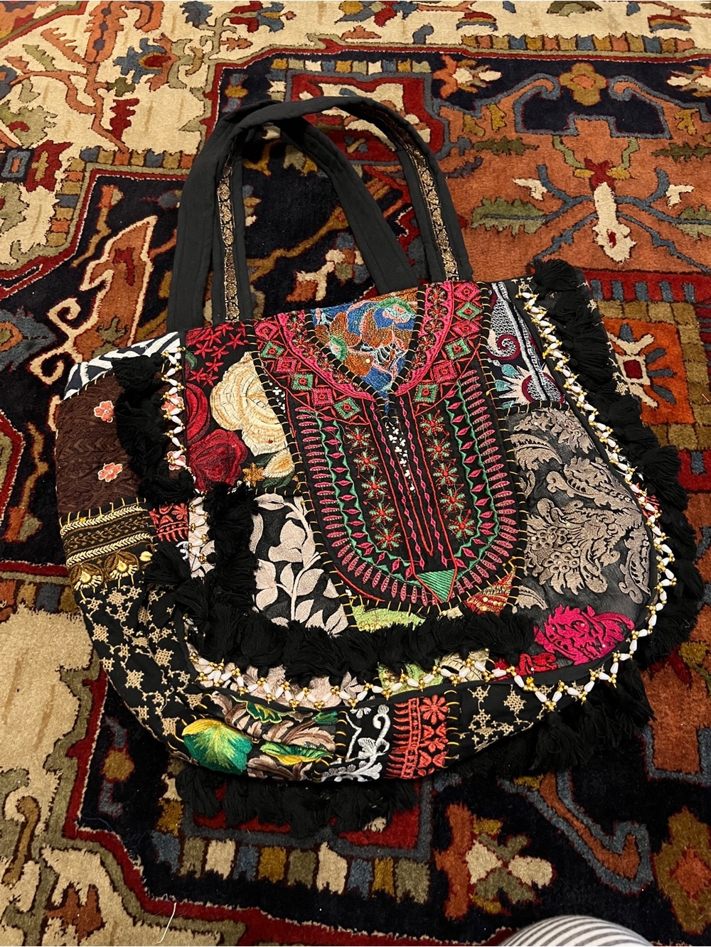 Boho Embroidered Black Patchwork Tote Bag with Multicolor Floral Motif